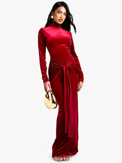 Velvet Dresses- Velvet Elegance Long Winter Dress Velour Evening Gown- - IndioGear Women Clothing