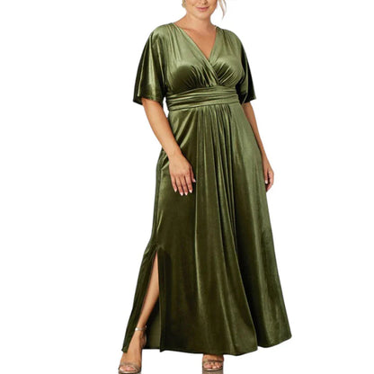 Velvet Dresses- Velvet Evening Gown Dress Plus Size for Holidays- Green- IndioGear.com