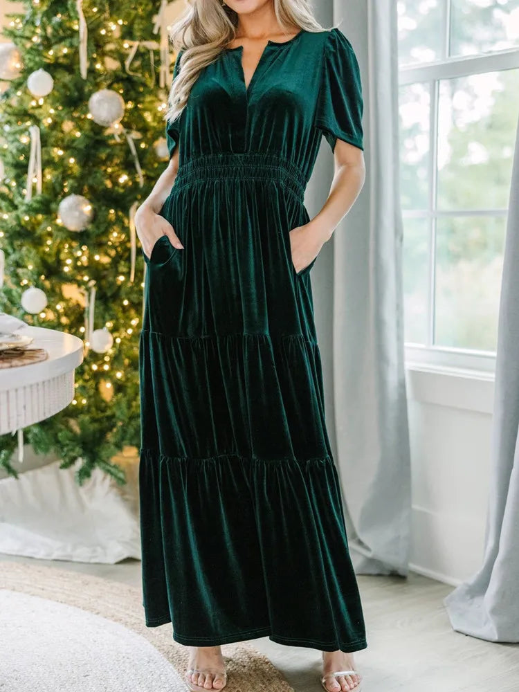 Velvet Dresses- Velvet Tiered Maxi Dress for Winter Weddings- - IndioGear.com