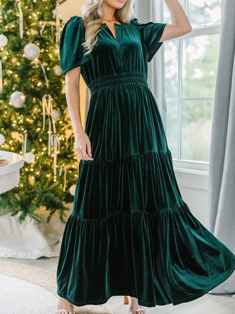 Velvet Dresses- Velvet Tiered Maxi Dress for Winter Weddings- Green- IndioGear.com