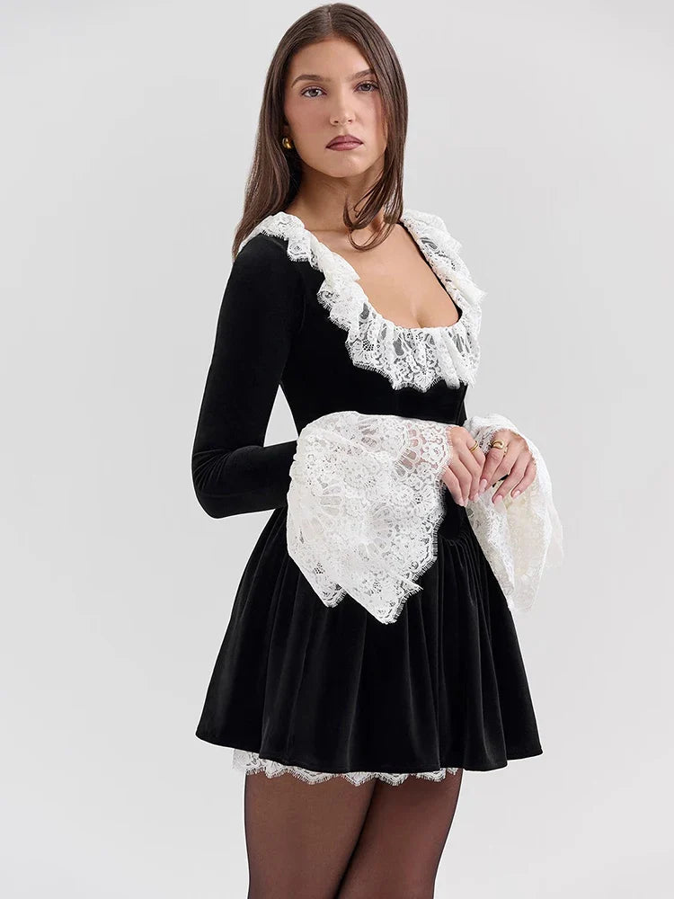 Velvet Dresses- Vintage Lace-Trim Velvet Flare Dress for Fall Events- - IndioGear Women Clothing