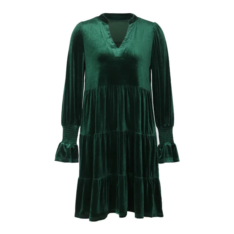 Velvet Dresses- Velvet Flowy Green Tiered Mini Dress- - IndioGear.com