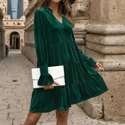 Velvet Dresses- Velvet Flowy Green Tiered Mini Dress- - IndioGear.com