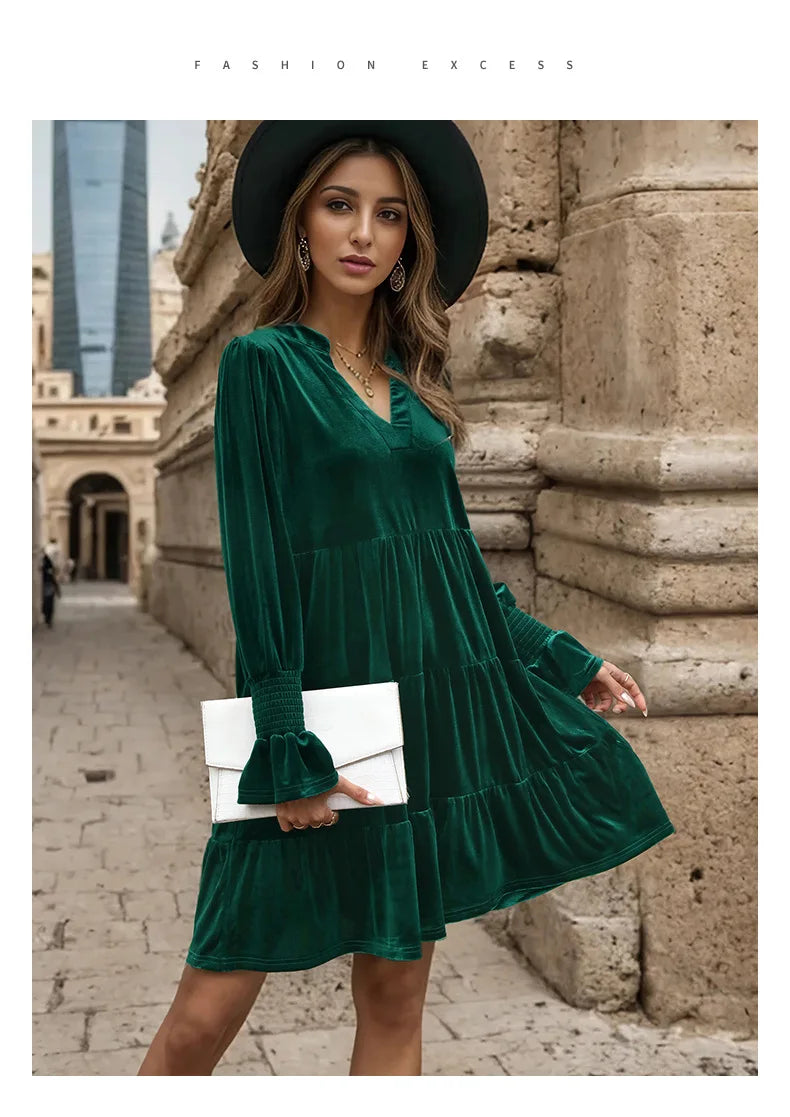 Velvet Dresses- Velvet Flowy Green Tiered Mini Dress- - IndioGear.com