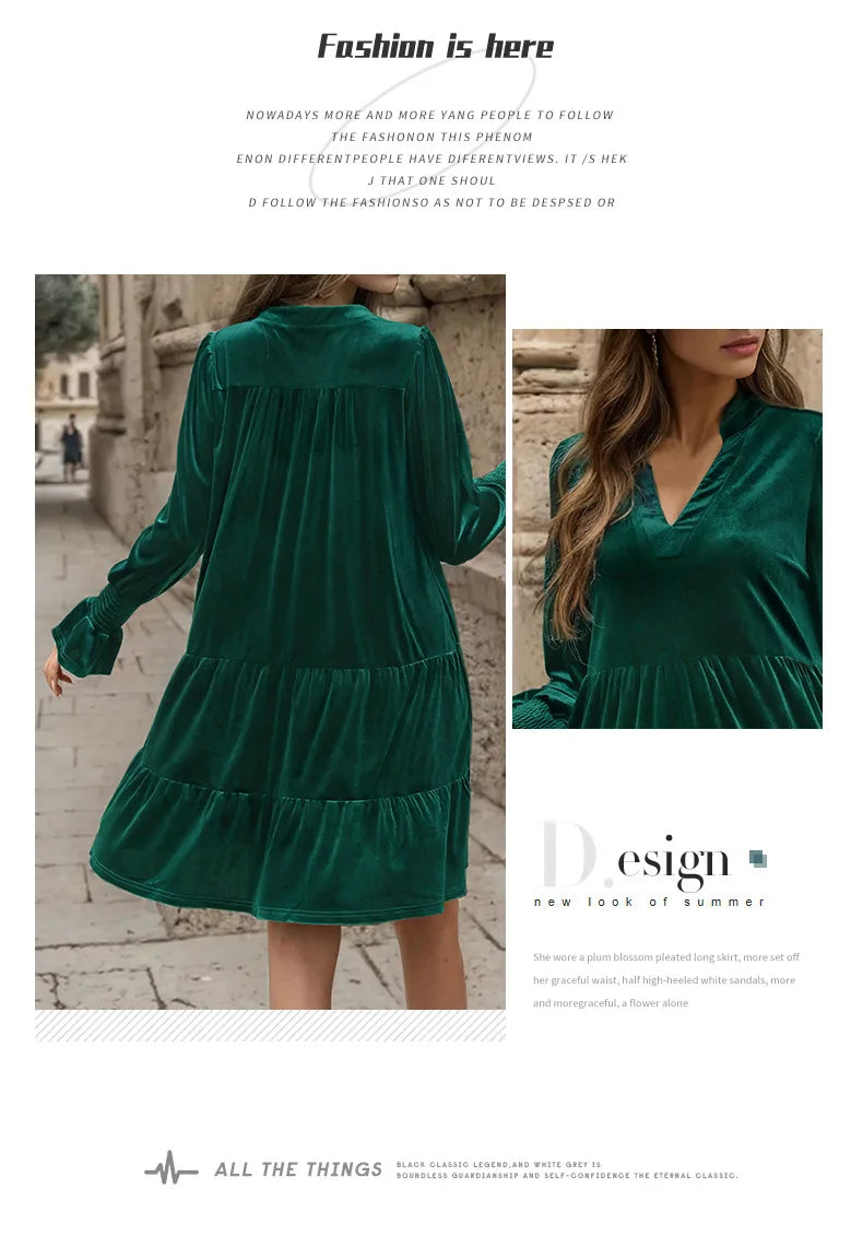 Velvet Dresses- Velvet Flowy Green Tiered Mini Dress- - IndioGear.com