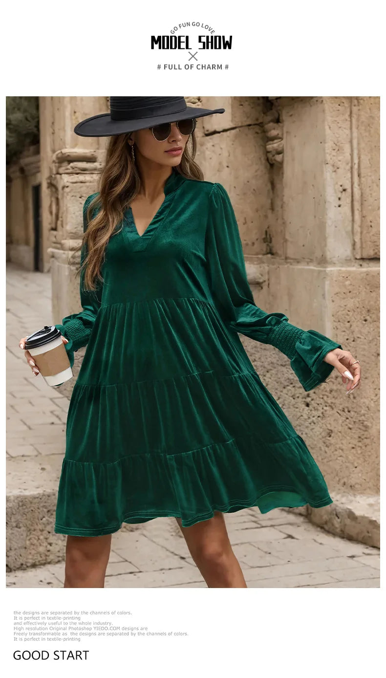 Velvet Dresses- Velvet Flowy Green Tiered Mini Dress- - IndioGear.com