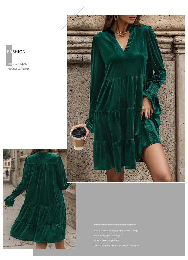 Velvet Dresses- Velvet Flowy Green Tiered Mini Dress- - IndioGear.com