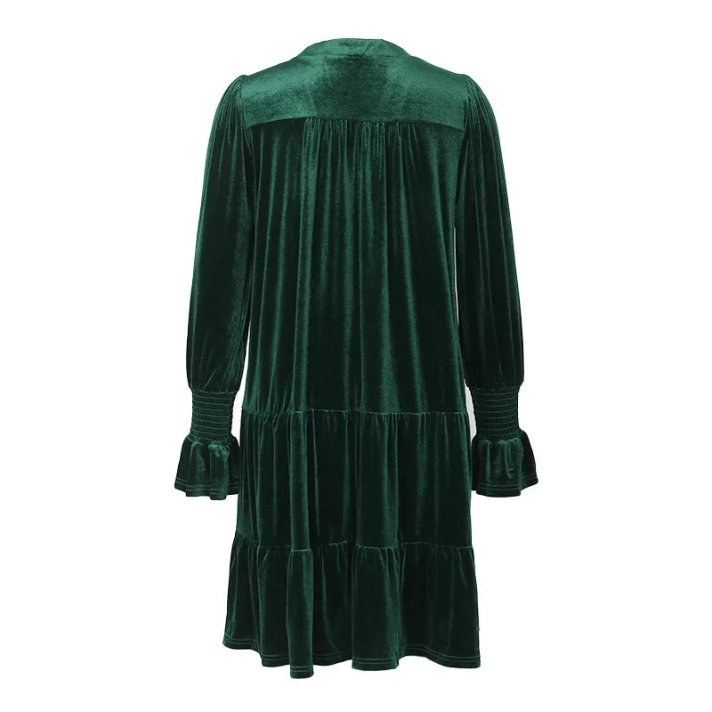 Velvet Dresses- Velvet Flowy Green Tiered Mini Dress- - IndioGear.com