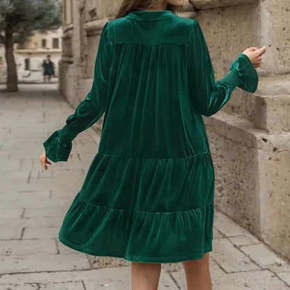 Velvet Dresses- Velvet Flowy Green Tiered Mini Dress- - IndioGear.com