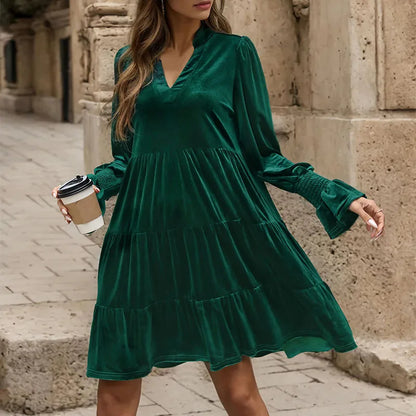 Velvet Dresses- Velvet Flowy Green Tiered Mini Dress- Dark Green- IndioGear.com