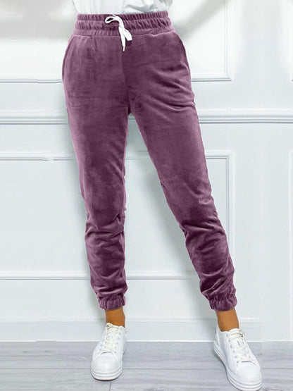 Velvet Pants- Velvet Drawstring Pencil Pants – Fall/Winter Velour Sweatpants- - IndioGear Women Clothing