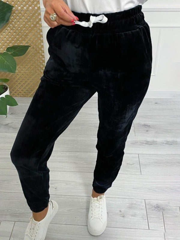 Velvet Pants- Velvet Drawstring Pencil Pants – Fall/Winter Velour Sweatpants- Black- IndioGear Women Clothing