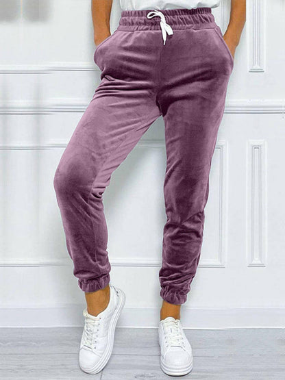 Velvet Pants- Velvet Drawstring Pencil Pants – Fall/Winter Velour Sweatpants- Purple- IndioGear Women Clothing