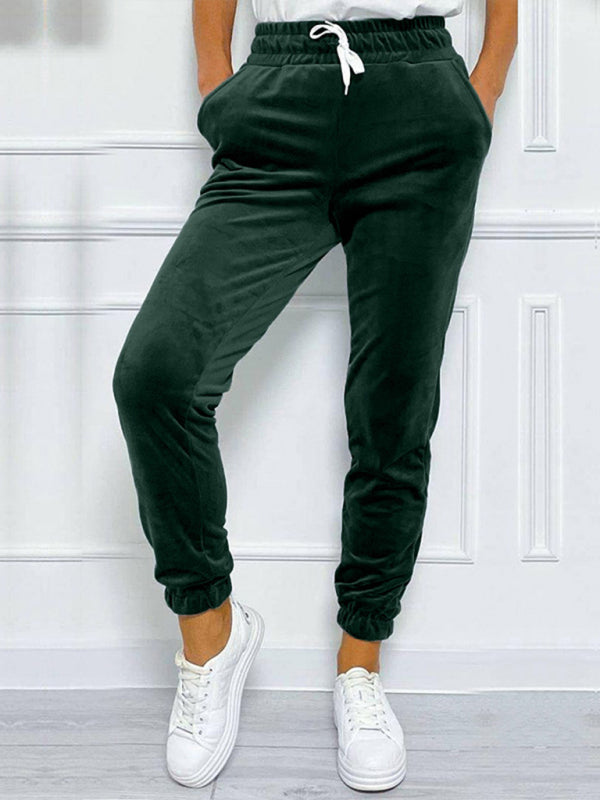 Velvet Pants- Velvet Drawstring Pencil Pants – Fall/Winter Velour Sweatpants- Green black jasper- IndioGear Women Clothing