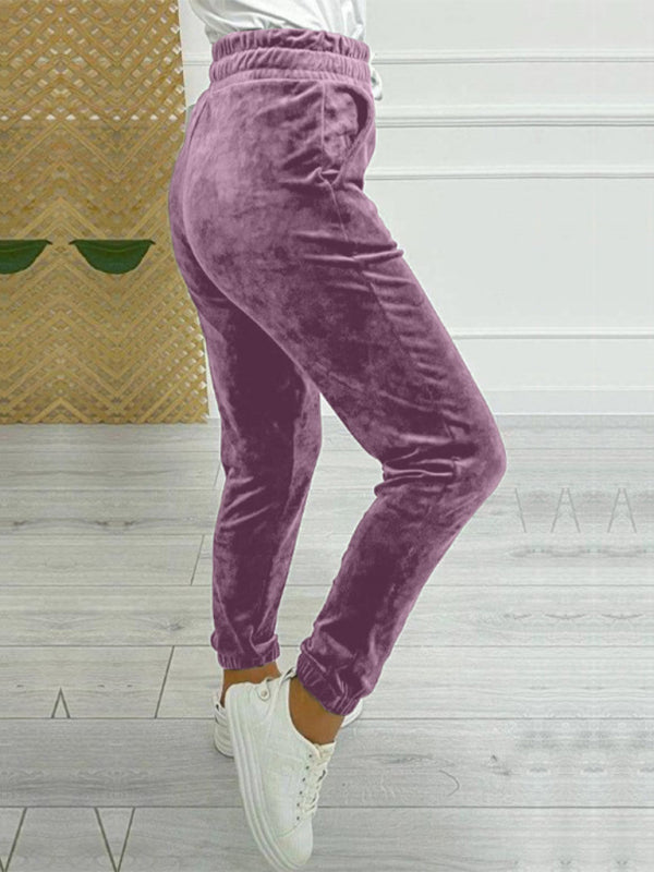 Velvet Pants- Velvet Drawstring Pencil Pants – Fall/Winter Velour Sweatpants- - IndioGear Women Clothing