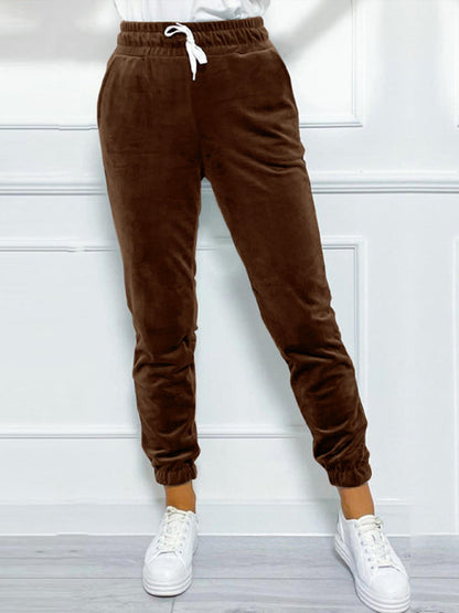 Velvet Pants- Velvet Drawstring Pencil Pants – Fall/Winter Velour Sweatpants- Brown- IndioGear Women Clothing