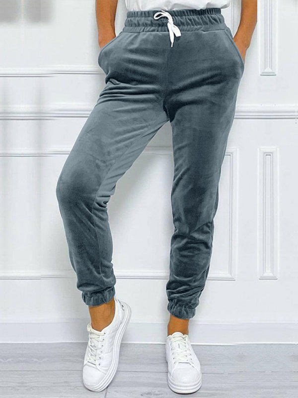 Velvet Pants- Velvet Drawstring Pencil Pants – Fall/Winter Velour Sweatpants- Grey- IndioGear Women Clothing