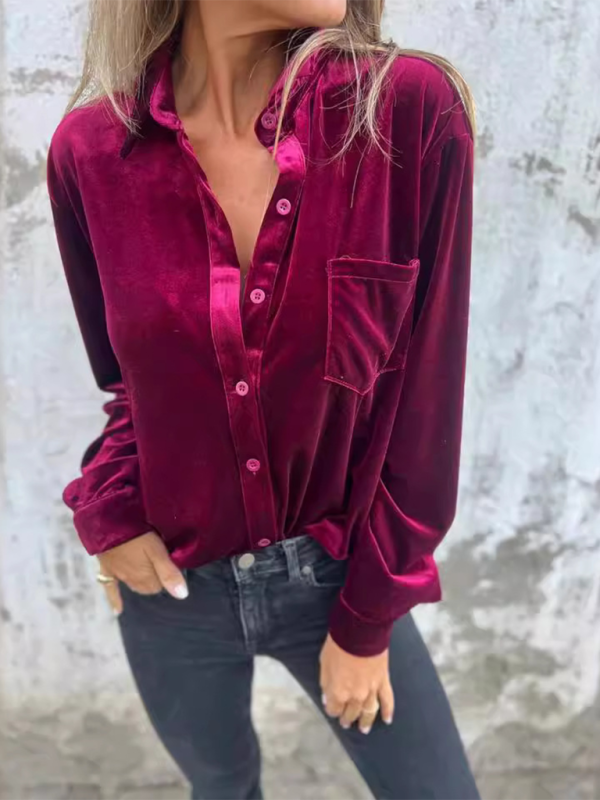 Velvet Shirts- Classic Velvet Button-Down Fall Shirt- Purplish red- IndioGear.com