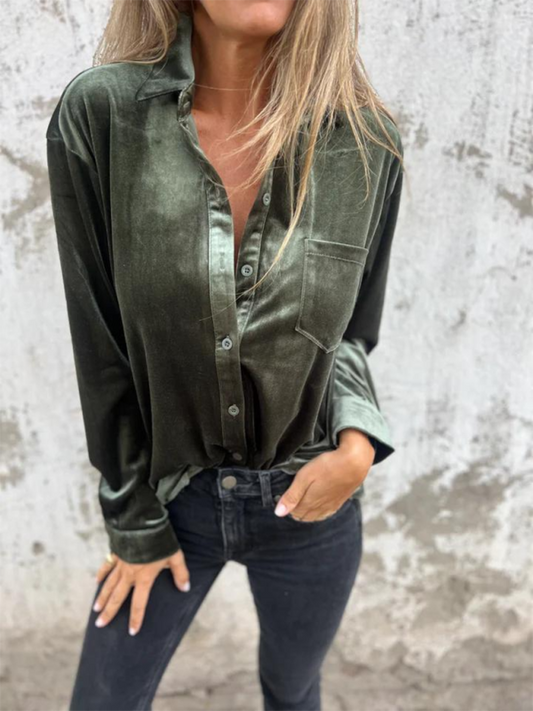 Velvet Shirts- Classic Velvet Button-Down Fall Shirt- Olive green- IndioGear.com