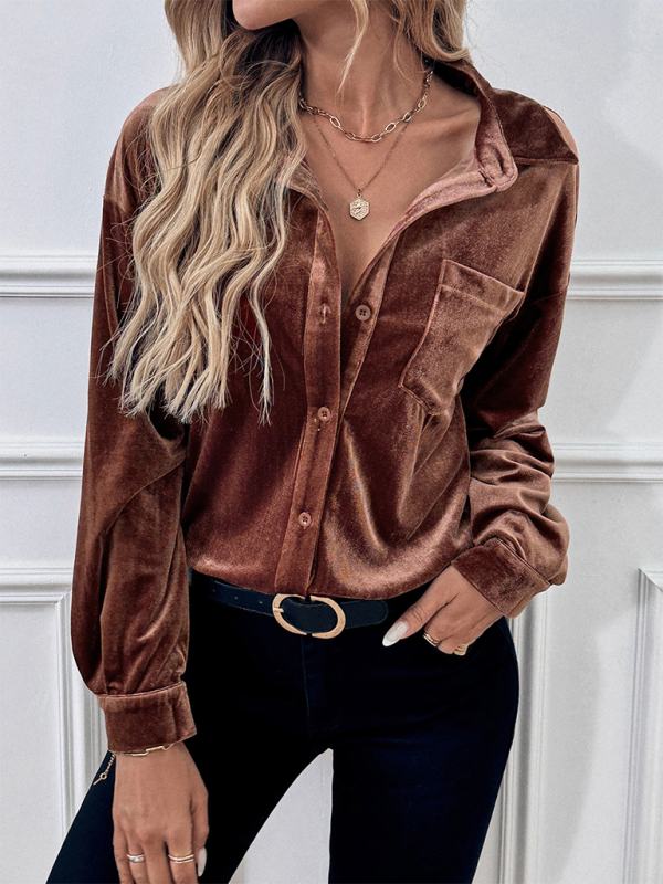 Velvet Shirts- Women Velvet Couture Button-Up Shirt with Long Sleeves- - IndioGear.com