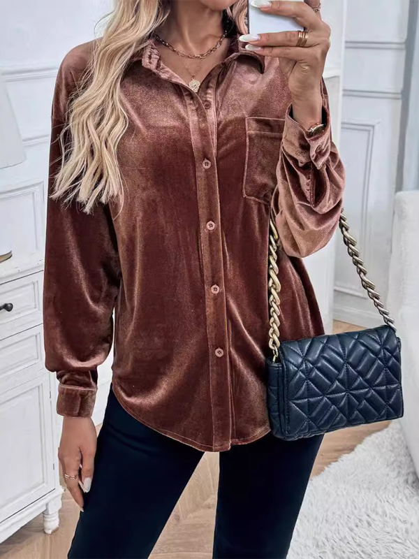 Velvet Shirts- Women Velvet Couture Button-Up Shirt with Long Sleeves- - IndioGear.com