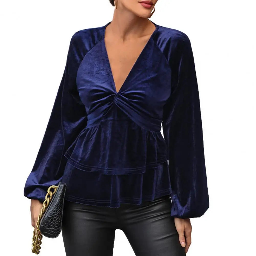 Velvet Tops- Festive Velvet Elegance Women's Layered Peplum Blouse- - IndioGear.com