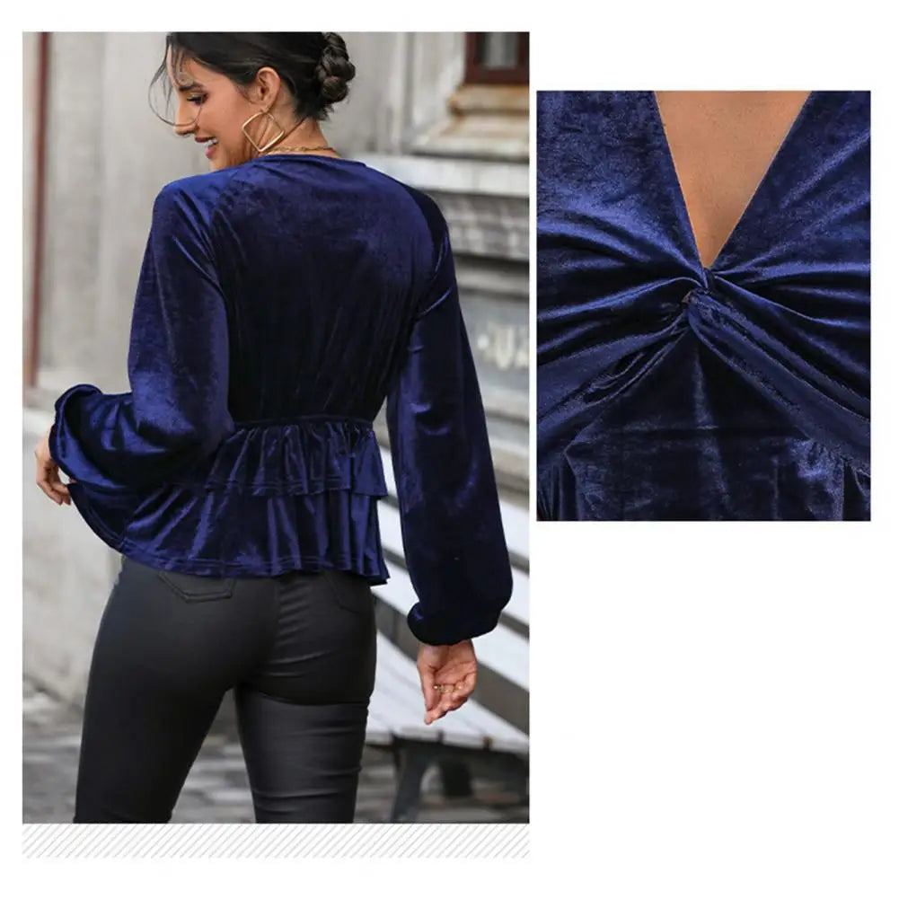 Velvet Tops- Festive Velvet Elegance Women's Layered Peplum Blouse- - IndioGear.com