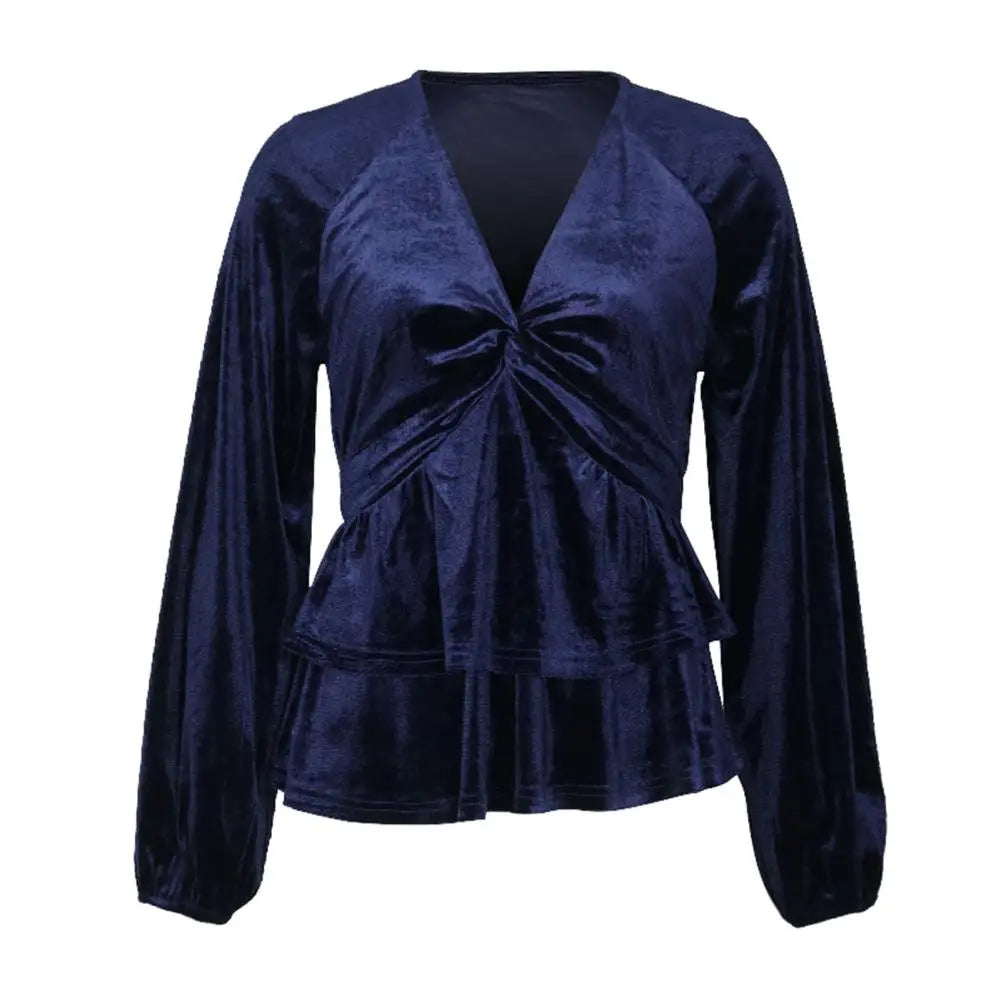 Velvet Tops- Festive Velvet Elegance Women's Layered Peplum Blouse- - IndioGear.com