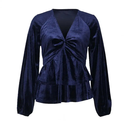 Velvet Tops- Festive Velvet Elegance Women's Layered Peplum Blouse- - IndioGear.com