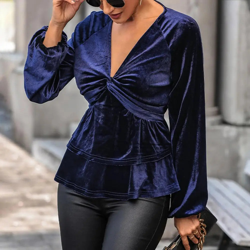 Velvet Tops- Festive Velvet Elegance Women's Layered Peplum Blouse- - IndioGear.com