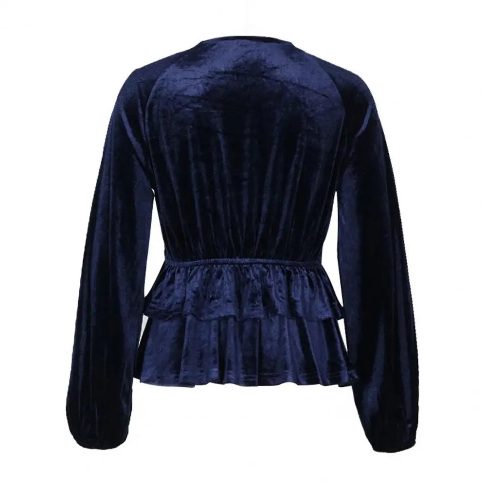 Velvet Tops- Festive Velvet Elegance Women's Layered Peplum Blouse- - IndioGear.com