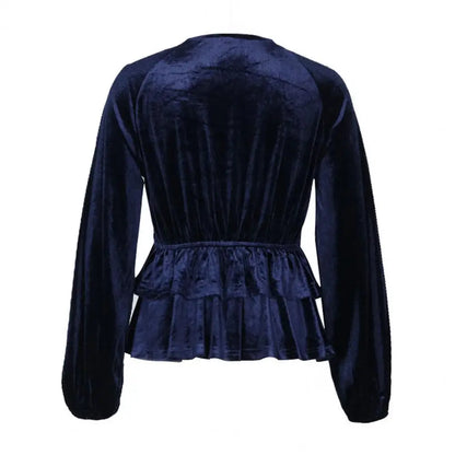 Velvet Tops- Festive Velvet Elegance Women's Layered Peplum Blouse- - IndioGear.com