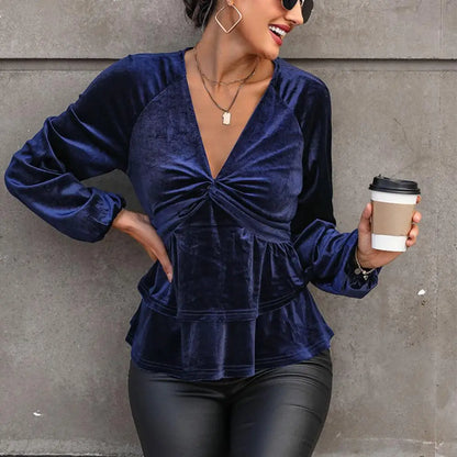 Velvet Tops- Festive Velvet Elegance Women's Layered Peplum Blouse- Navy Blue- IndioGear.com