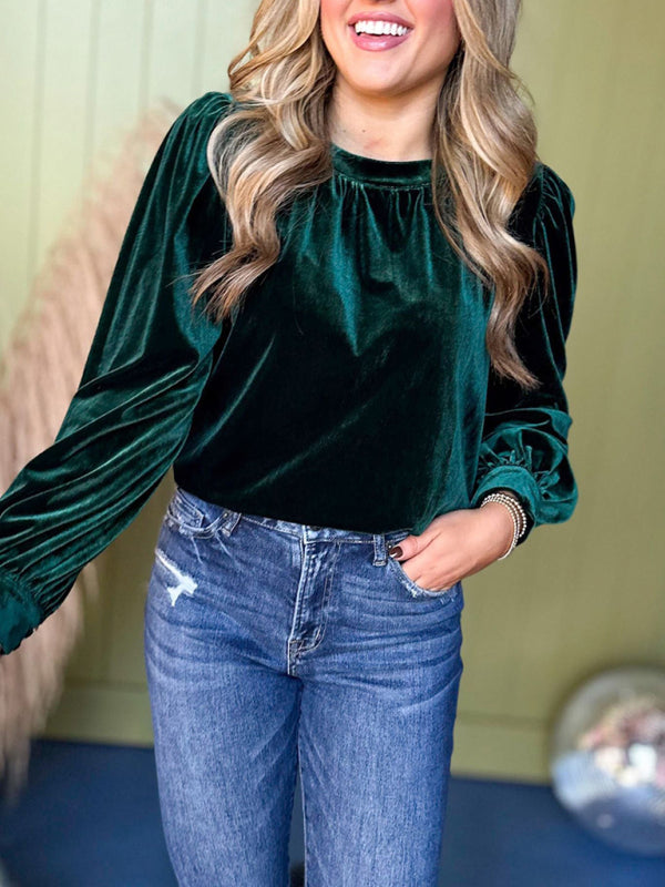 Velvet Tops- Holiday Velvet Blouse Velour Top with Bishop Sleeves- - IndioGear Women Clothing