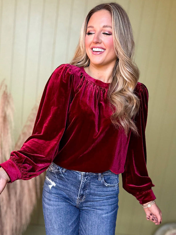 Velvet Tops- Holiday Velvet Blouse Velour Top with Bishop Sleeves- - IndioGear Women Clothing