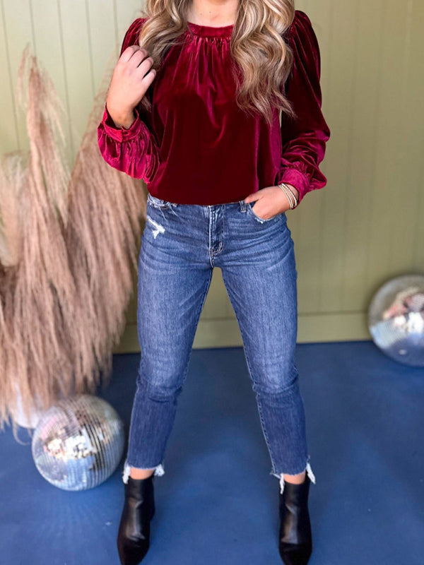 Velvet Tops- Holiday Velvet Blouse Velour Top with Bishop Sleeves- - IndioGear Women Clothing