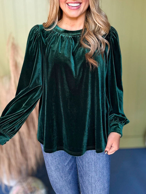 Velvet Tops- Holiday Velvet Blouse Velour Top with Bishop Sleeves- Green- IndioGear Women Clothing