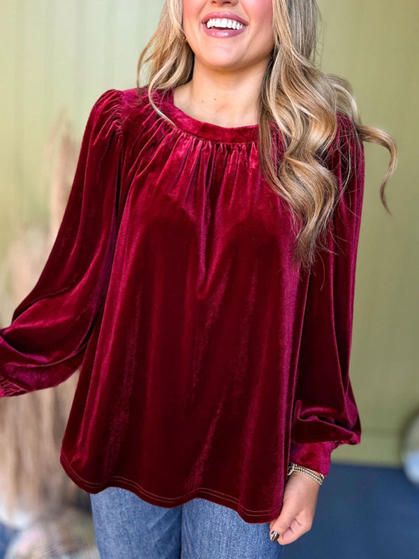 Velvet Tops- Holiday Velvet Blouse Velour Top with Bishop Sleeves- Red- IndioGear Women Clothing