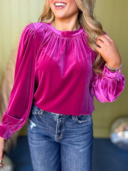 Velvet Tops- Holiday Velvet Blouse Velour Top with Bishop Sleeves- Rose- IndioGear Women Clothing