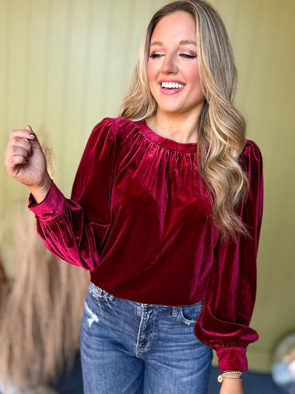 Velvet Tops- Holiday Velvet Blouse Velour Top with Bishop Sleeves- - IndioGear Women Clothing