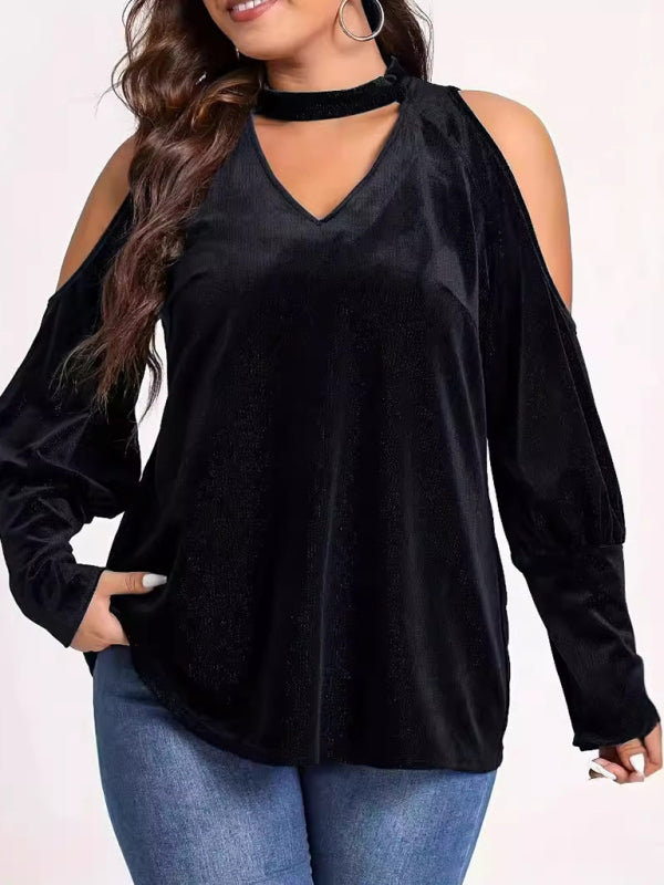 Velvet Tops- Velvet Cold Shoulder Top Glitter Velour Blouse- Black- IndioGear Women Clothing