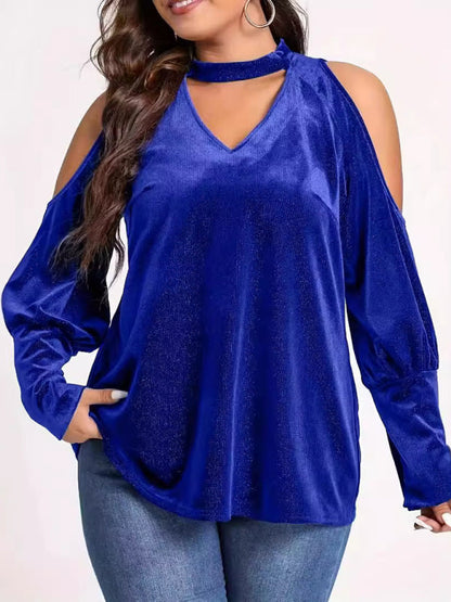 Velvet Tops- Velvet Cold Shoulder Top Glitter Velour Blouse- - IndioGear Women Clothing