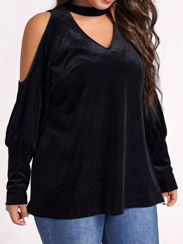 Velvet Tops- Velvet Cold Shoulder Top Glitter Velour Blouse- - IndioGear Women Clothing