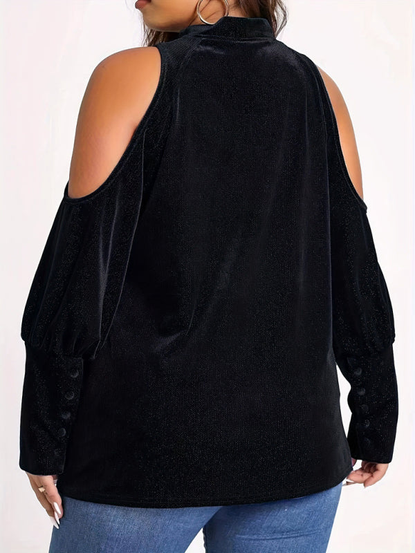 Velvet Tops- Velvet Cold Shoulder Top Glitter Velour Blouse- - IndioGear Women Clothing