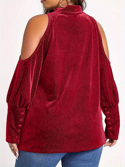 Velvet Tops- Velvet Cold Shoulder Top Glitter Velour Blouse- - IndioGear Women Clothing