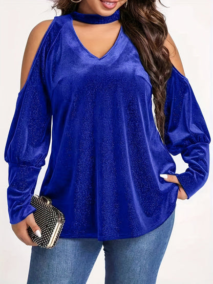 Velvet Tops- Velvet Cold Shoulder Top Glitter Velour Blouse- Blue- IndioGear Women Clothing