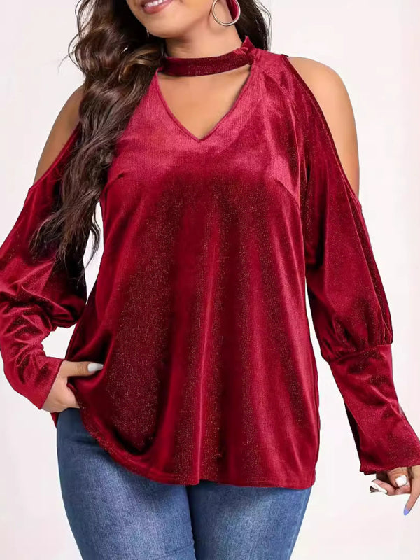 Velvet Tops- Velvet Cold Shoulder Top Glitter Velour Blouse- Wine Red- IndioGear Women Clothing