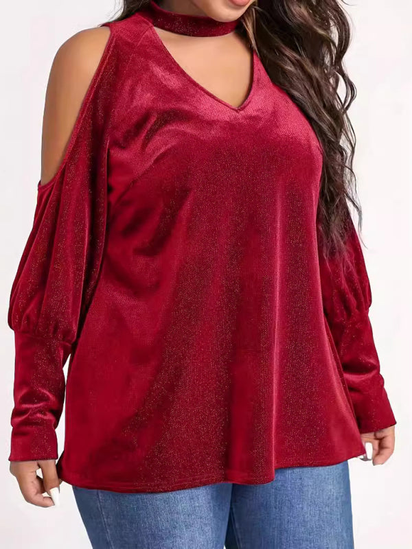 Velvet Tops- Velvet Cold Shoulder Top Glitter Velour Blouse- - IndioGear Women Clothing