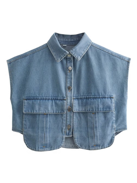 Vest- Denim Flap Crop Vest- Clear blue- IndioGear.com