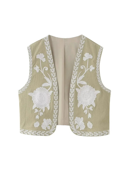 Vests- Artisanal Embroidered Cropped Waistcoat - Women Vintage Vest- - IndioGear.com